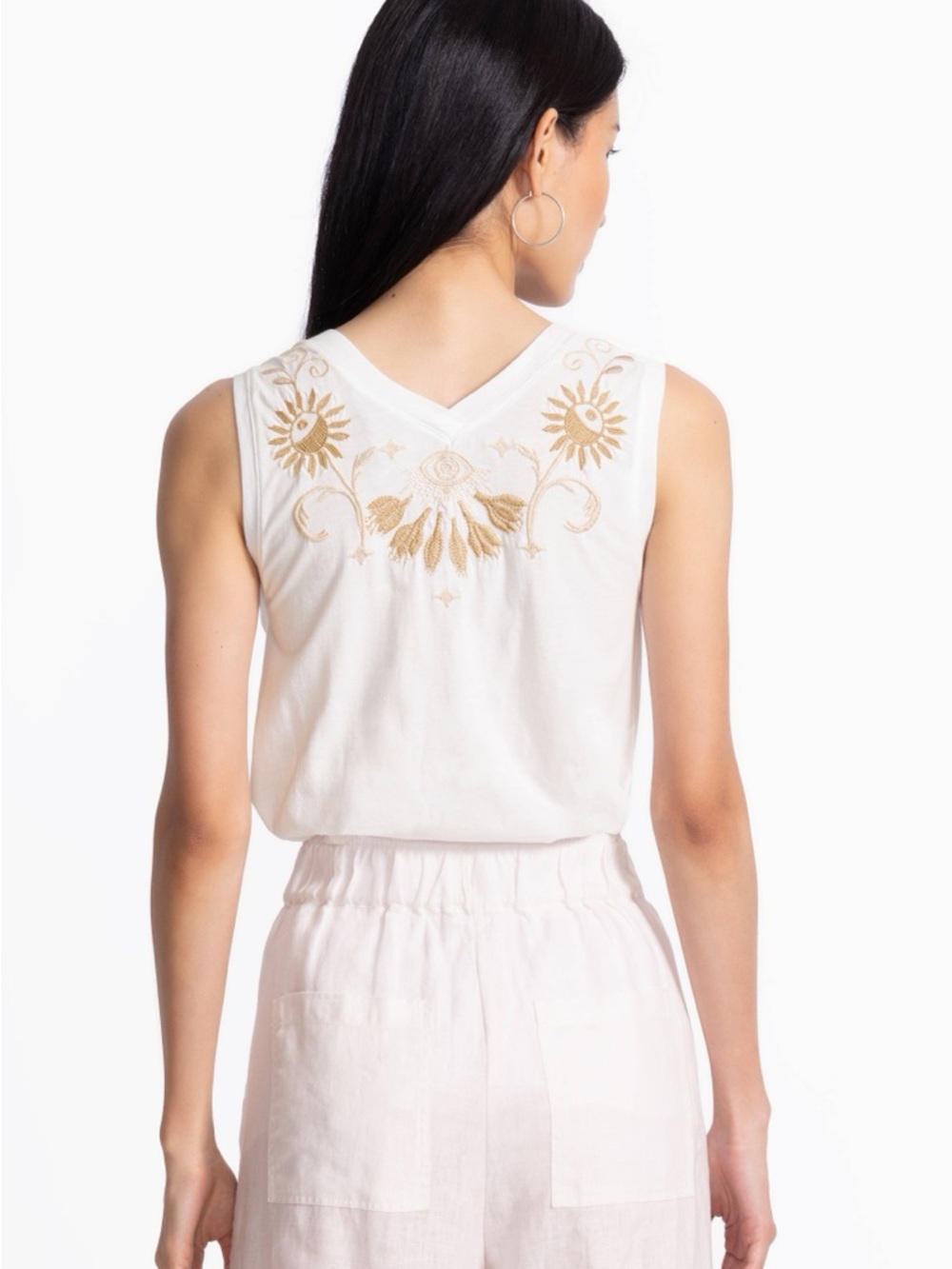 Johnny Was White V-Neck Drape Tank with Tan Floral Embroidery - Picture 3 of 7
